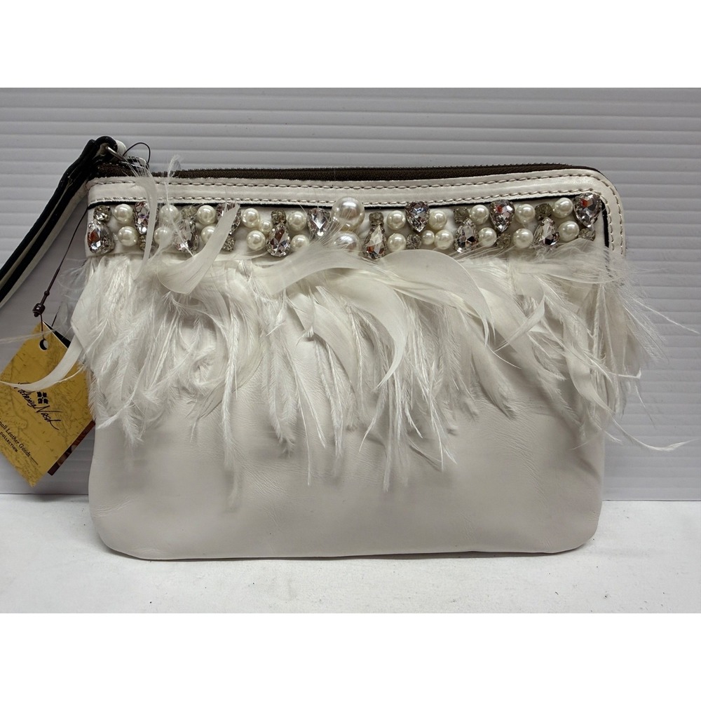Patricia Nash New White Diamonds Feathers Pearls Cassini Wristlet Clutch SEE PIC